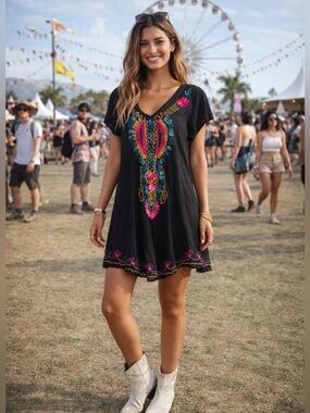 Exist NWT Black Embroidered Boho Dress with Bright Floral Accents with Free Size